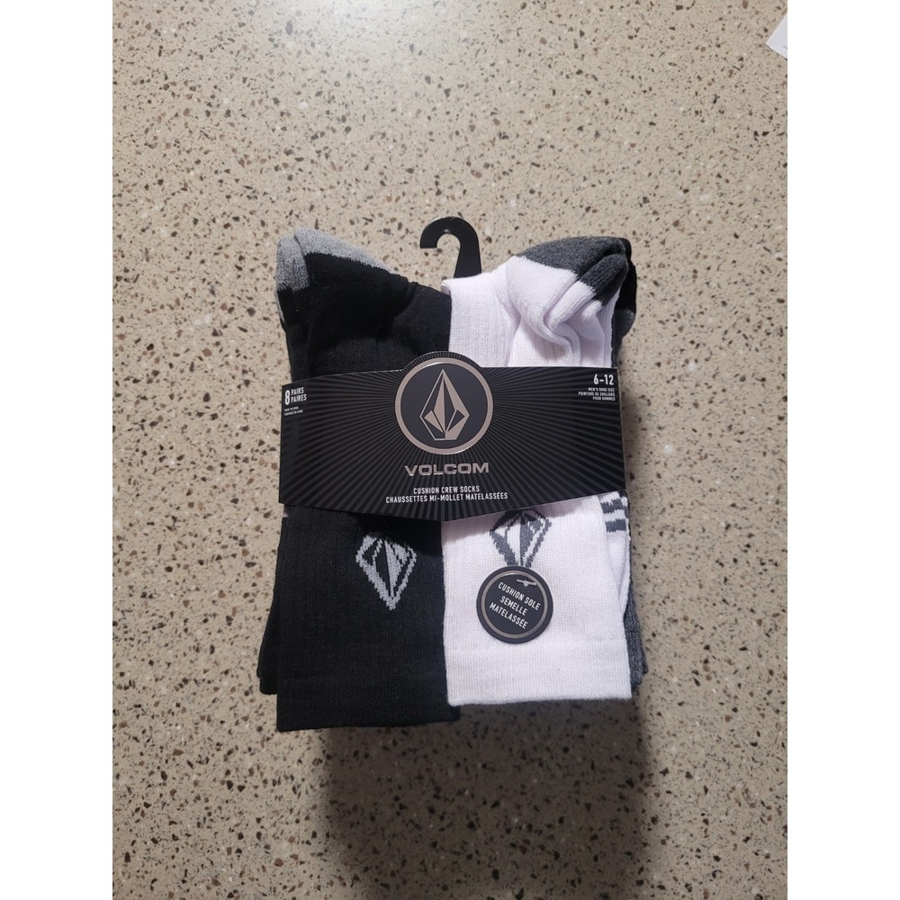 8-Pairs Volcom Mens Size 6-12 Cushioned Crew Socks Black Grey White